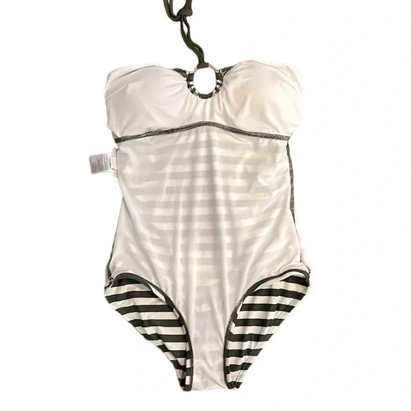 Michael Kors Striped Ivy Logo Ring Shirred One Piece Swimsuit Size 6 Beach Vacay - Picture 6 of 11
